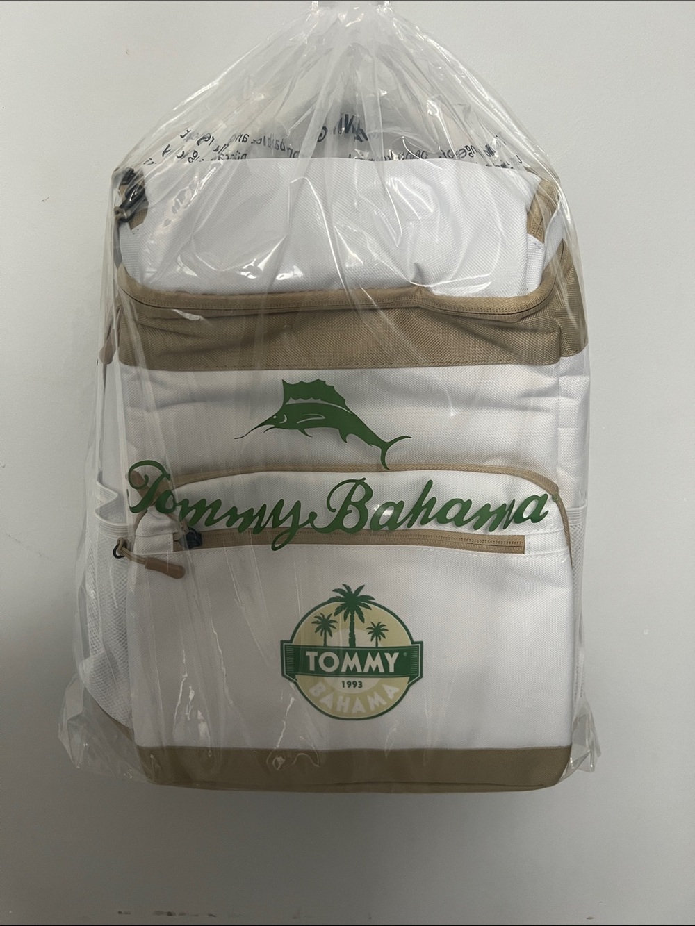 Tommy Bahama White Backpack Cooler with Tan Trim and Green Logo